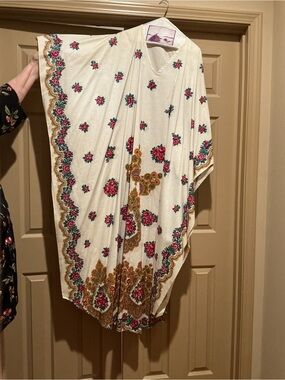 Cream Floral Kaftan with Pink & Green Embroidery